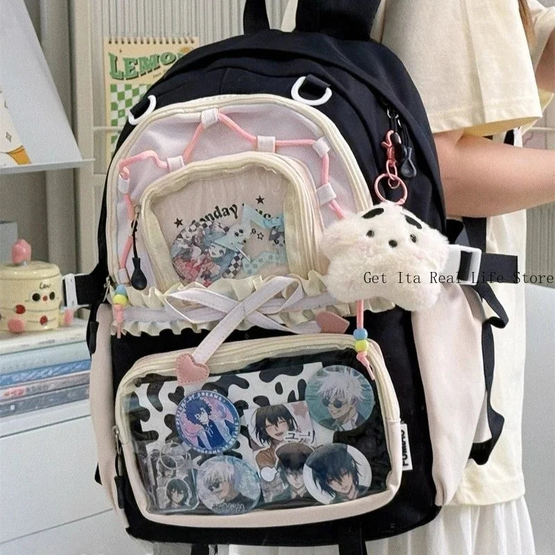 Kawaii Ita Backpack with Clear Display Pockets and Ruffle Bow Detail