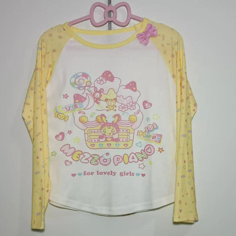 Kawaii Cartoon Graphic Long-Sleeve T-Shirt with Bow Detail