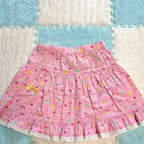 Kawaii Pink Fruit-and-Character Print Tiered Mini Skirt with Lace Trim