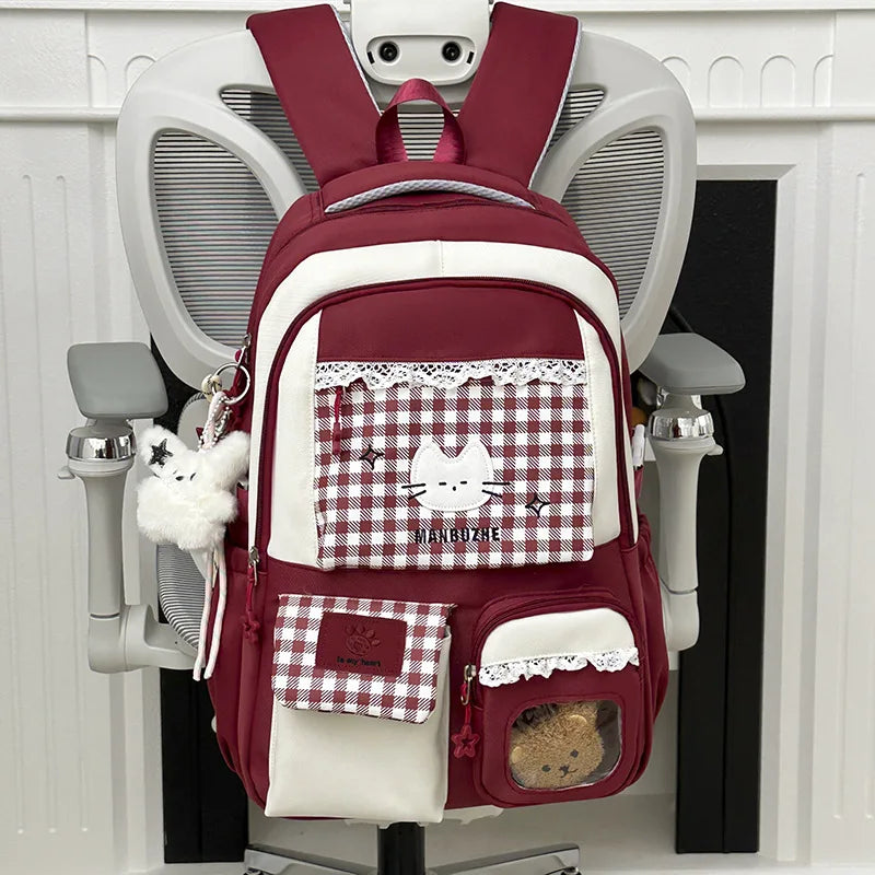 Kawaii Gingham Cat Backpack with Multiple Pockets