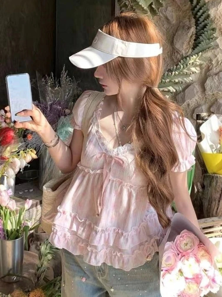 Kawaii Pink Floral Puff-Sleeve Ruffle Top