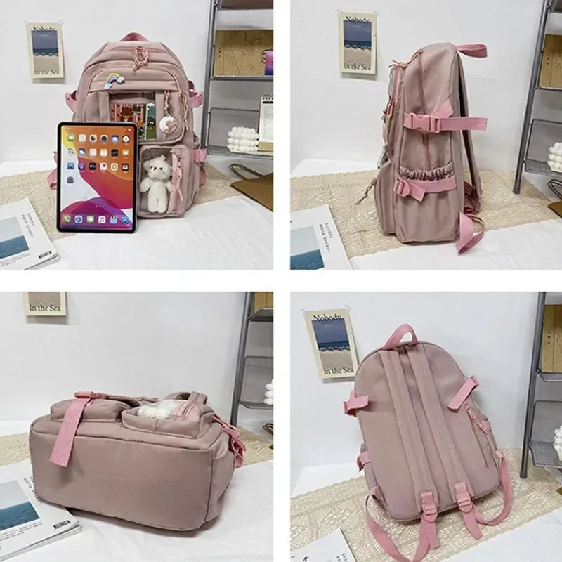 Kawaii Multi-Pocket Nylon Backpack with Clear Display Pockets