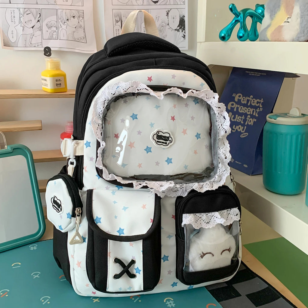 Kawaii Star Print Lace-Trim Backpack with Plush Front Pocket