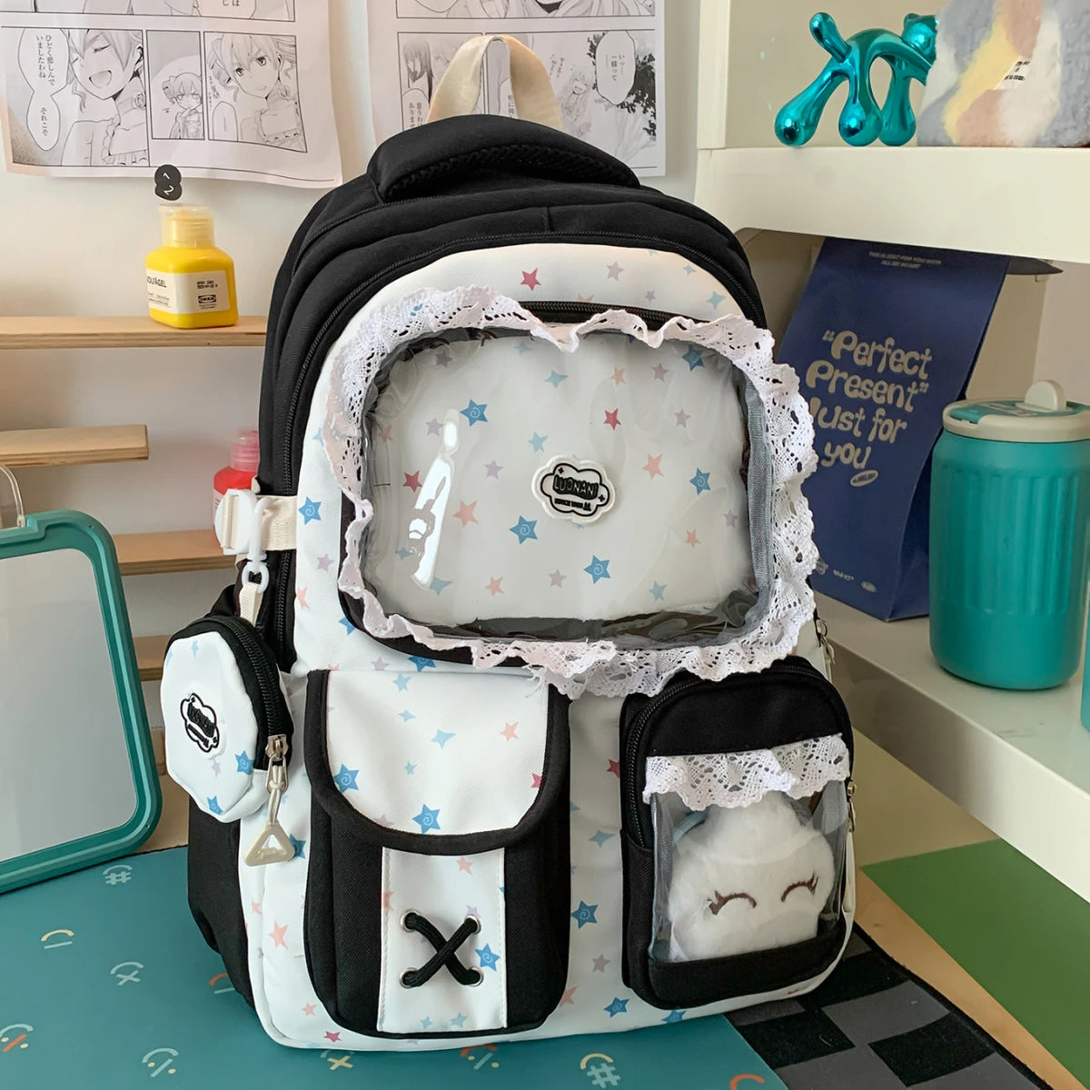 Kawaii Star Print Lace-Trim Backpack with Plush Front Pocket