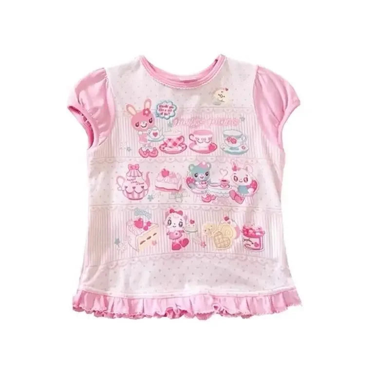 Kawaii Pink Cartoon Print T-Shirt with Ruffle Hem