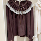 Kawaii Women's Lolita Lace Ruffle Bow Long-Sleeve T-Shirt