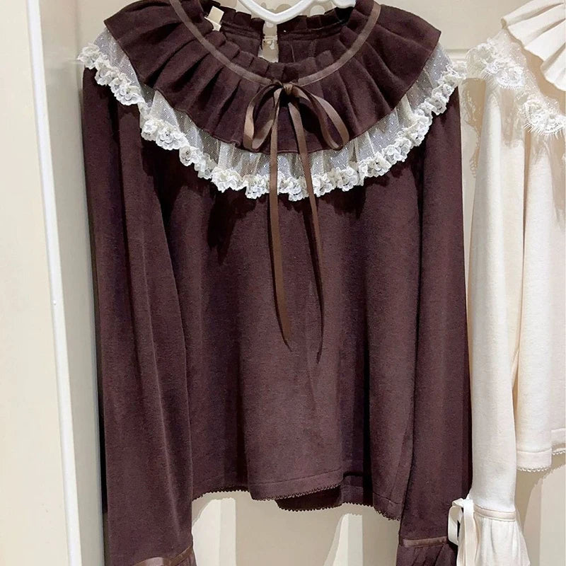 Kawaii Women's Lolita Lace Ruffle Bow Long-Sleeve T-Shirt
