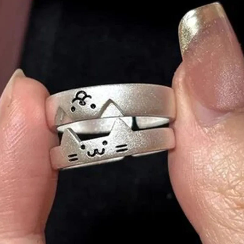 Kawaii Adjustable Silver Cat and Dog Couple Rings