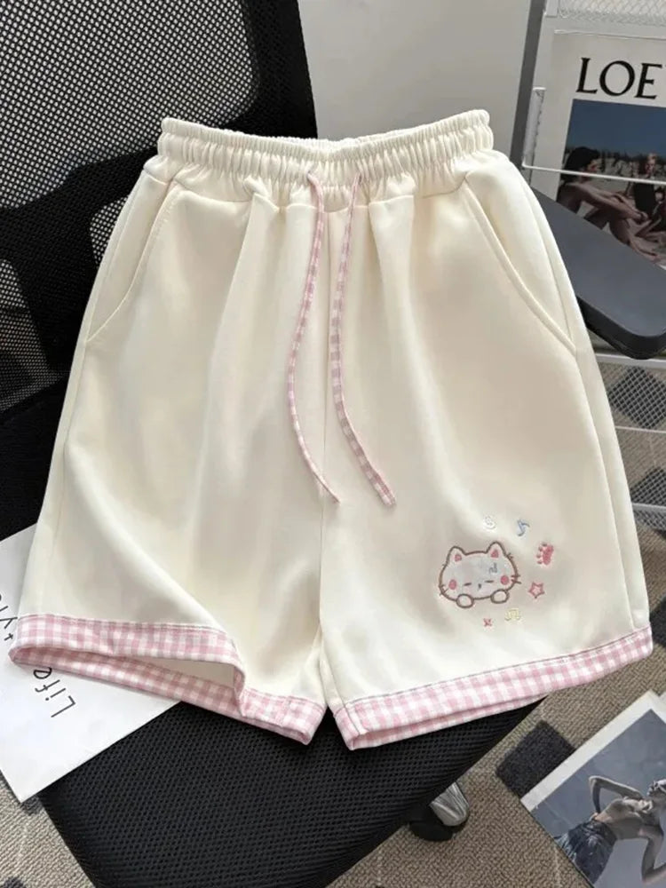 Kawaii Women's High-Waist Cartoon Embroidered Shorts - Apricot