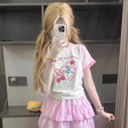 Pink and White Strawberry Graphic T-Shirt with Lace-Trim Sleeves