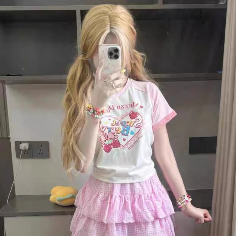 Pink and White Strawberry Graphic T-Shirt with Lace-Trim Sleeves