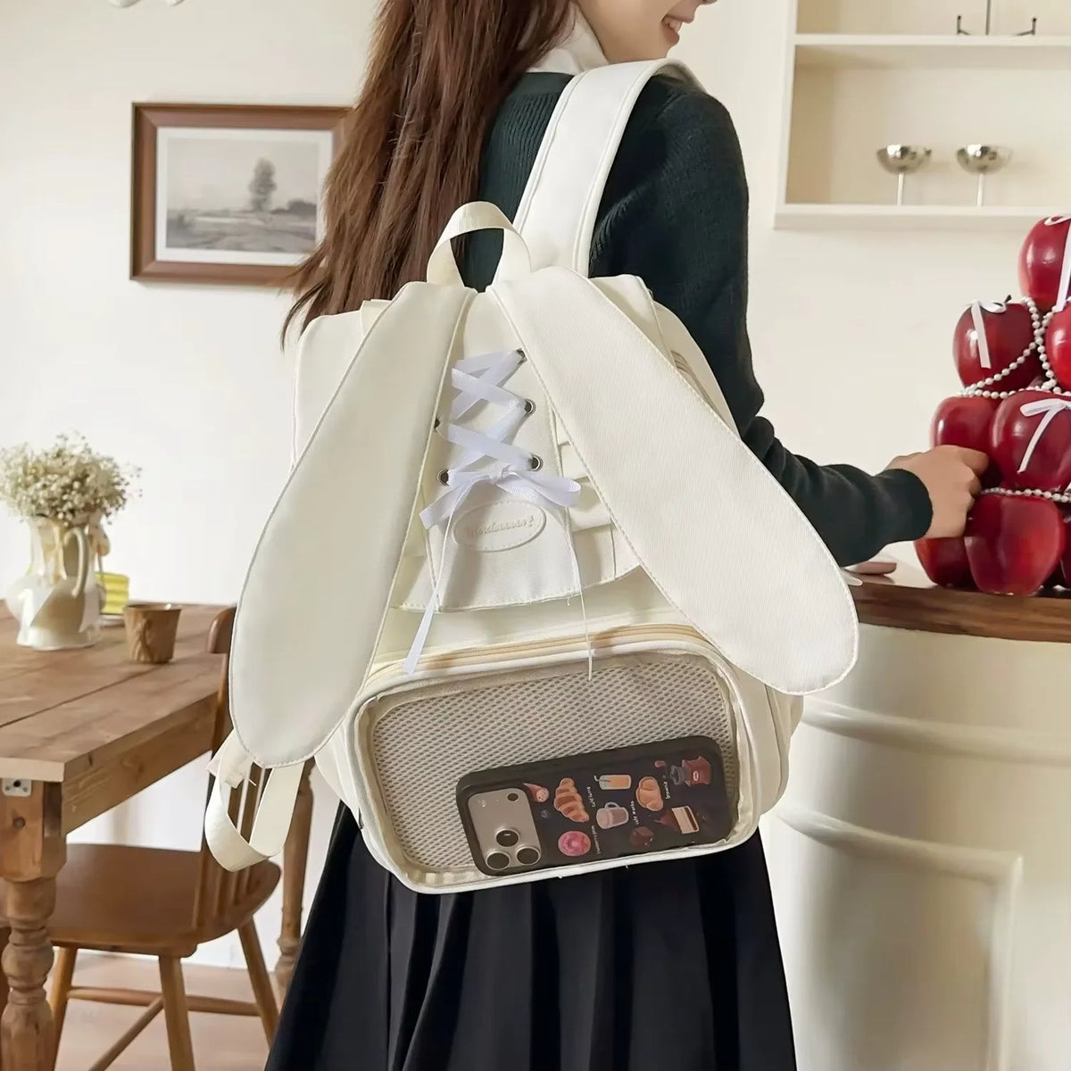 Kawaii Rabbit-Ear Ita Backpack with Transparent Front Pocket