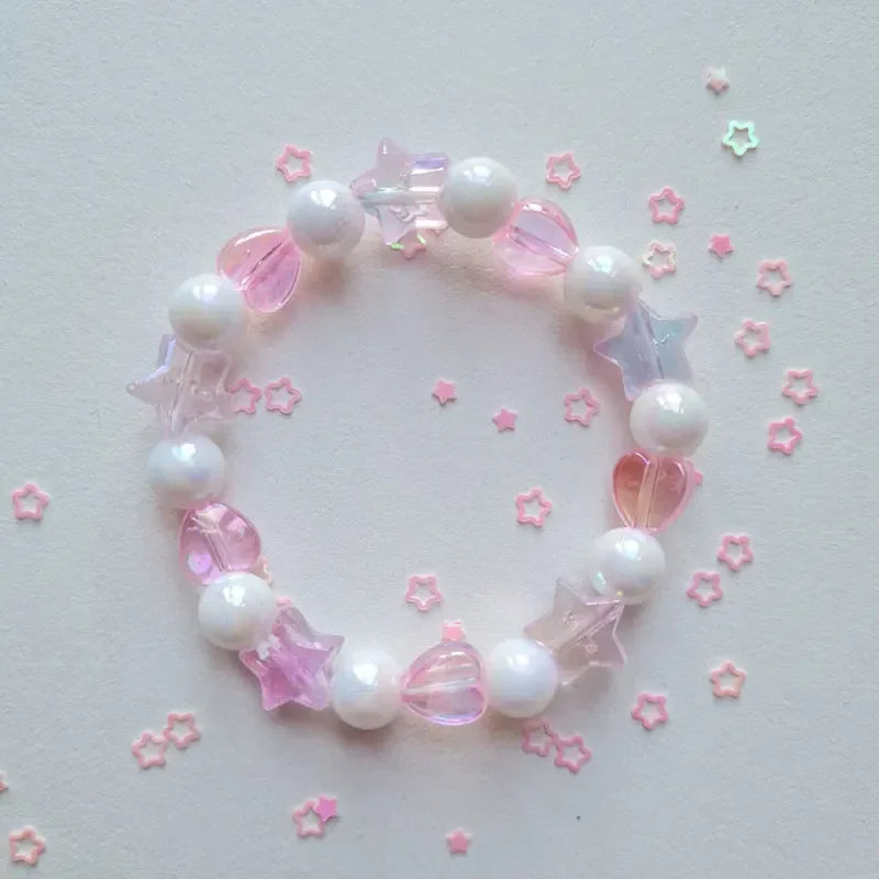 Kawaii Pastel Pink Beaded Charm Bracelet for Small Wrists