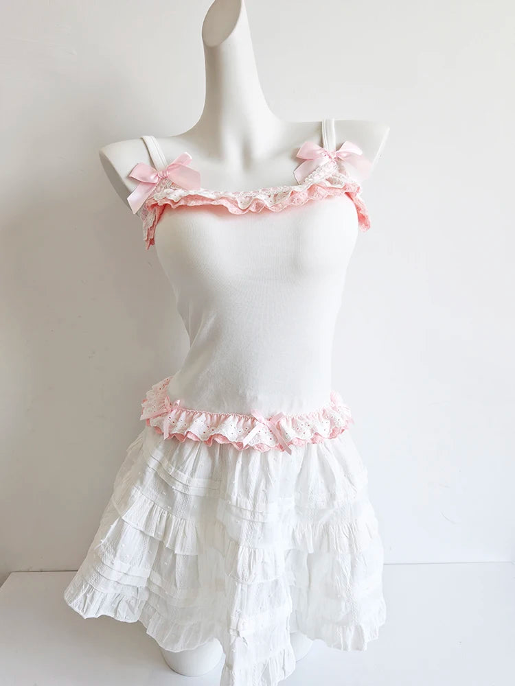 Kawaii Lace-Trim Bow Camisole Tops & Skirt Sets