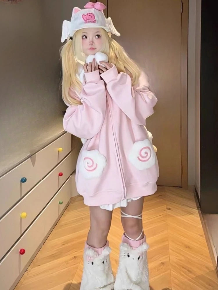 Kawaii Cartoon Embroidered Zip-Up Hoodie with Pockets