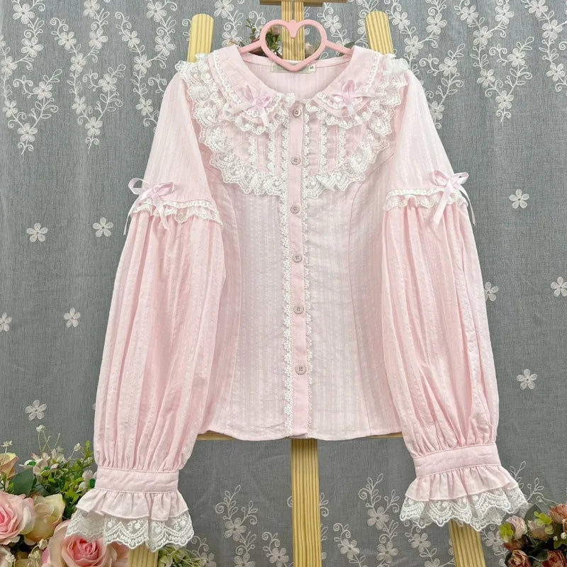 Kawaii Women's Victorian Lace Bow Blouse with Peter Pan Collar