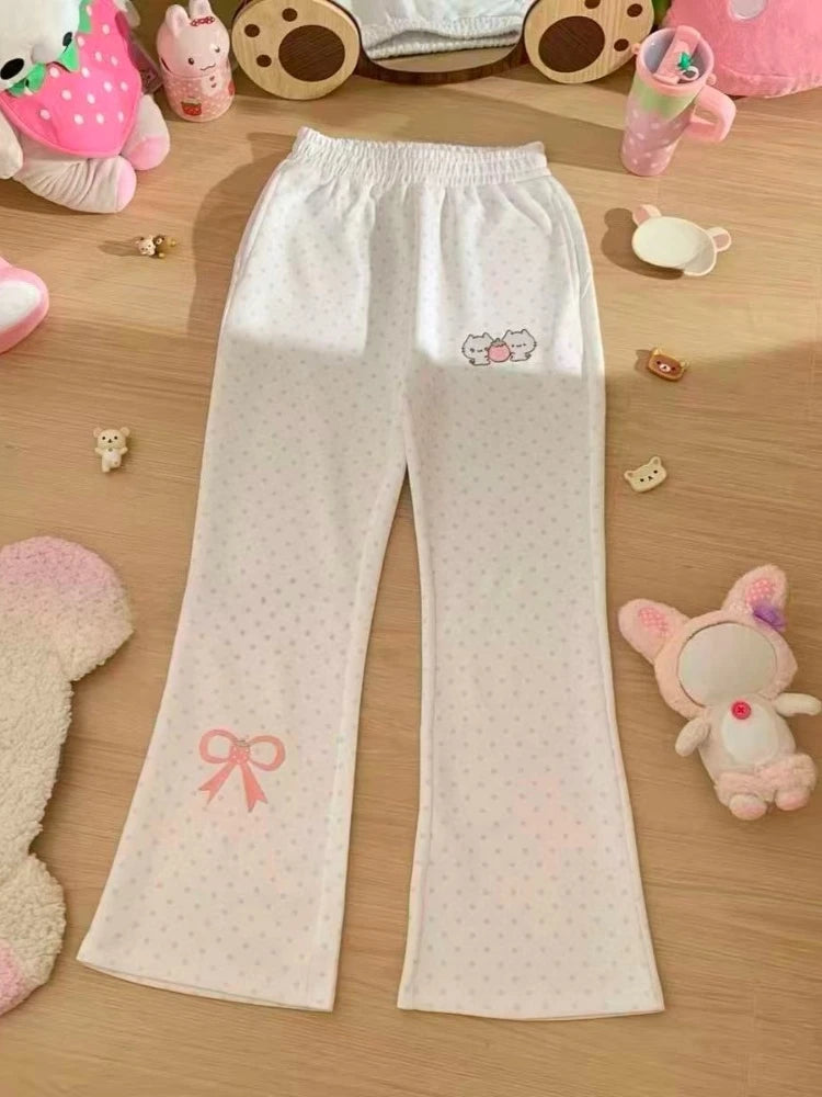Kawaii Polka Dot Flared Pants with Embroidery