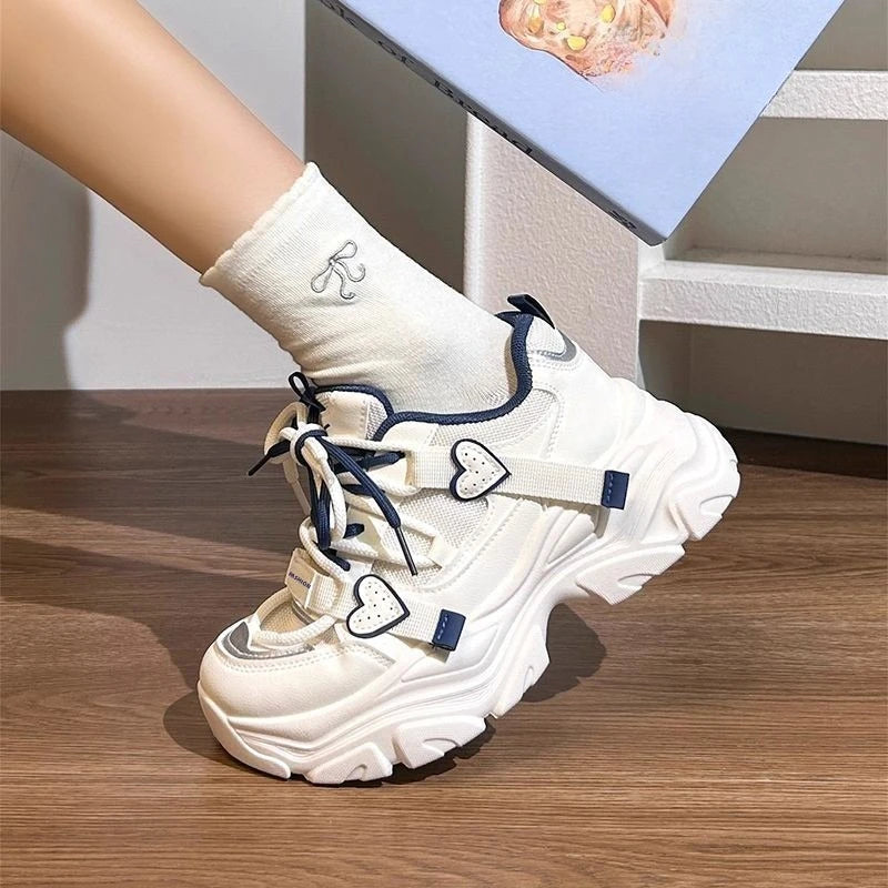 Kawaii Women's Heart Detail Lace-Up Chunky Sneakers