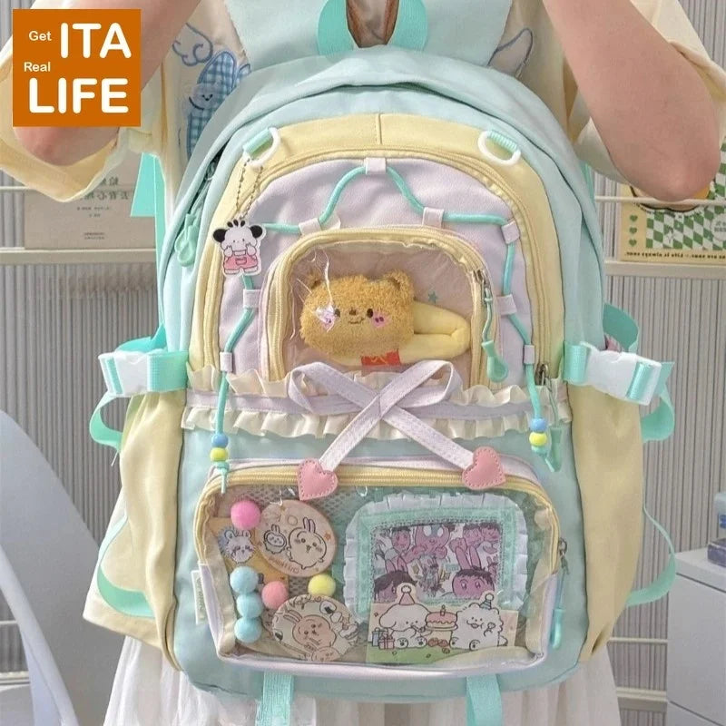 Kawaii Ita Backpack with Clear Display Pockets and Ruffle Bow Detail