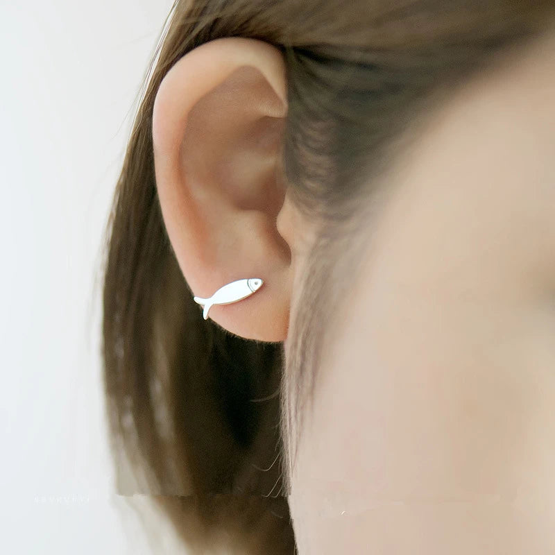 Kawaii Cat and Fish Stud Earrings in 925 Sterling Silver