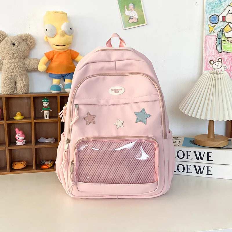 Kawaii Star Appliqué Backpack with Clear Front Pocket