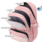 Kawaii Plaid Nylon School Backpack with Bunny Charm