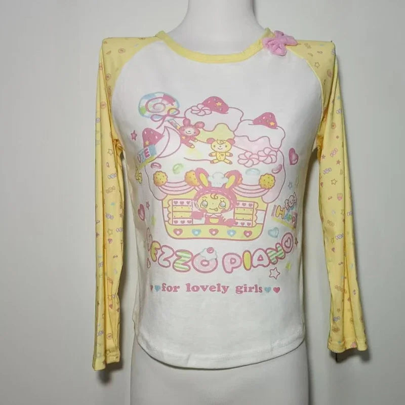 Kawaii Cartoon Graphic Long-Sleeve T-Shirt with Bow Detail