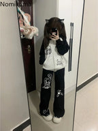 Kawaii Women's Black Cartoon Print Straight-Leg Pants