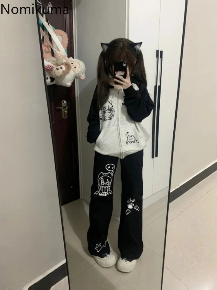 Kawaii Women's Black Cartoon Print Straight-Leg Pants