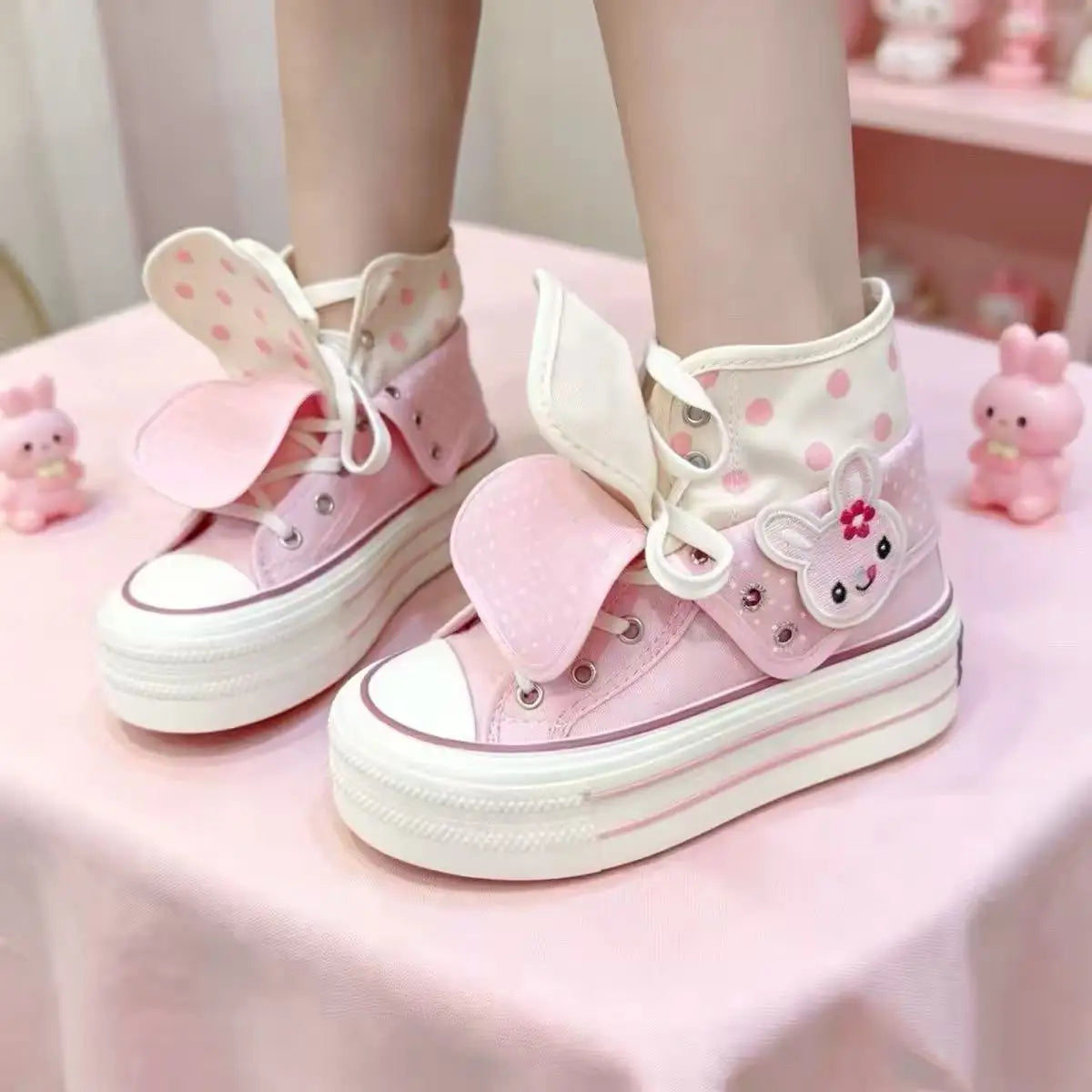 Kawaii Women's Pink Rabbit Polka Dot High-Top Platform Canvas Sneakers