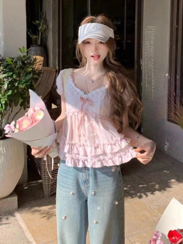 Kawaii Pink Floral Puff-Sleeve Ruffle Top