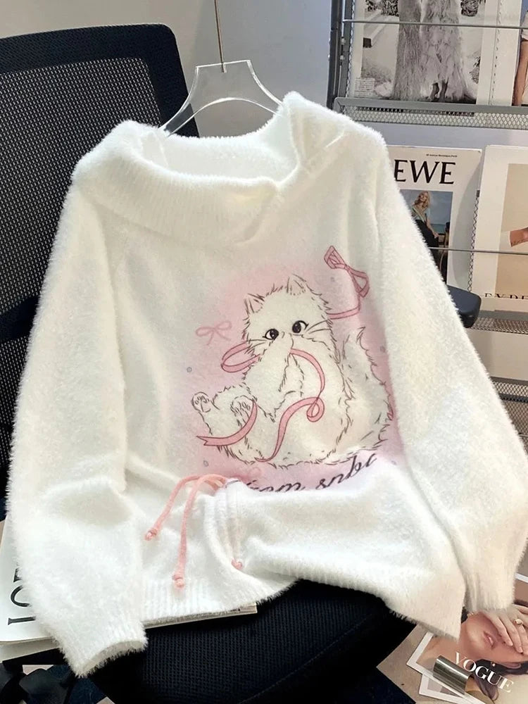 Kawaii Beige White Cat Graphic Knit Pullover Sweater