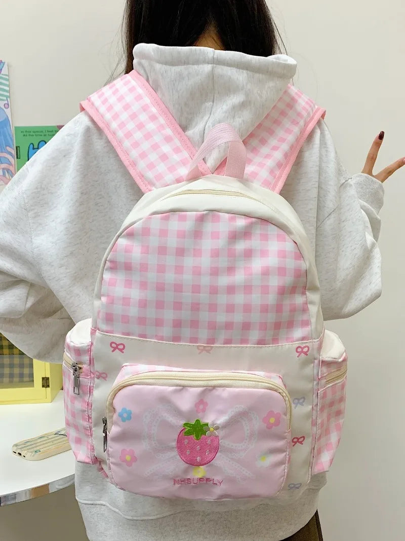 Kawaii Pink Plaid Strawberry Bow Backpack