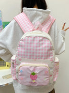 Kawaii Pink Plaid Strawberry Bow Backpack