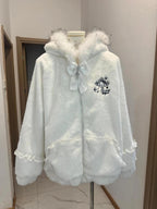 Kawaii White Hooded Jacket with Fur-Trimmed Ears, Bow and Lace Details