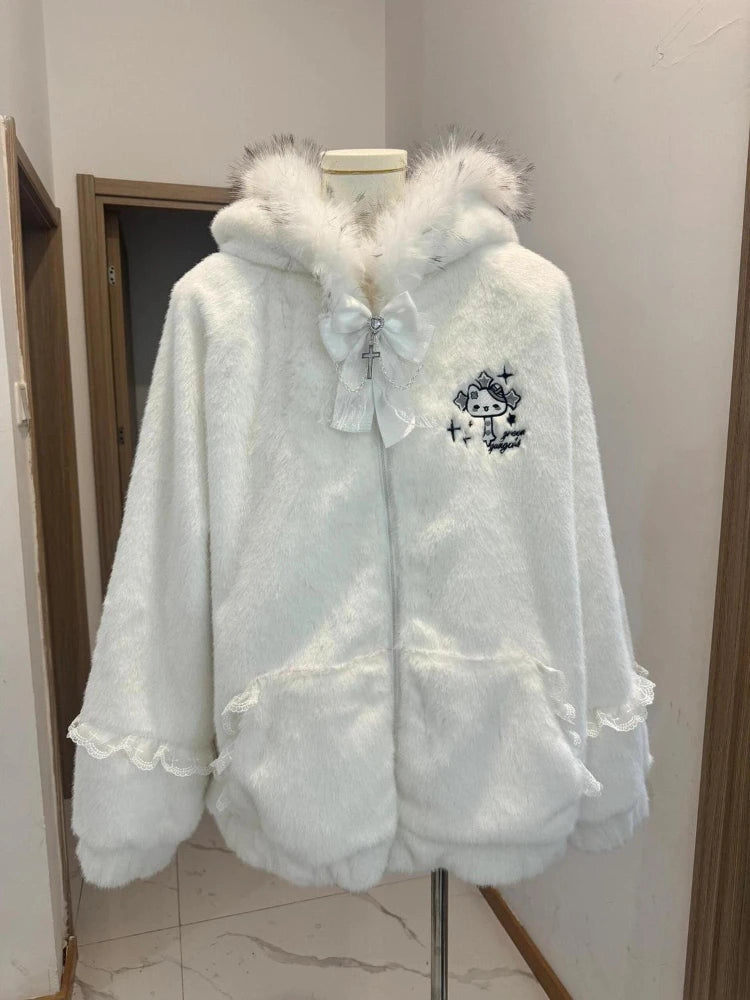 Kawaii White Hooded Jacket with Fur-Trimmed Ears, Bow and Lace Details