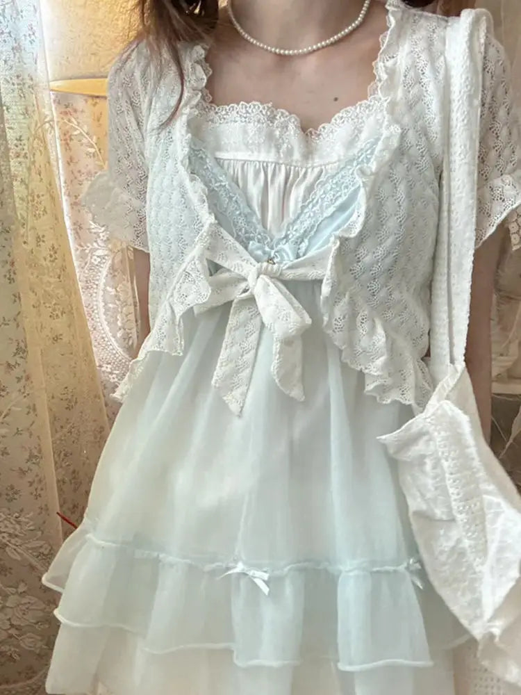 Kawaii Women's Lace Bow Detail 3-Piece Mini Dress Set