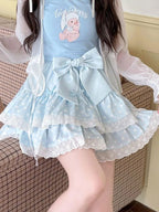 Kawaii Bow Polka-Dot Tiered Mini Skirt