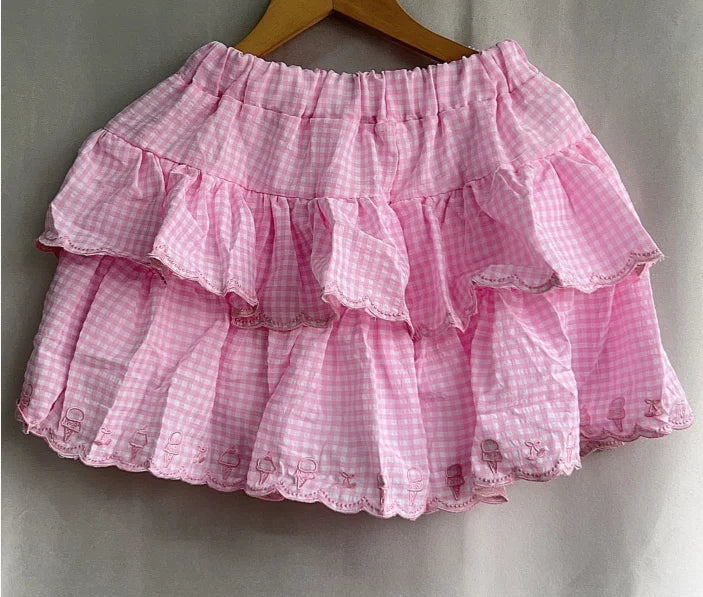 Pink Plaid Embroidered Ruffle Mini Skirt