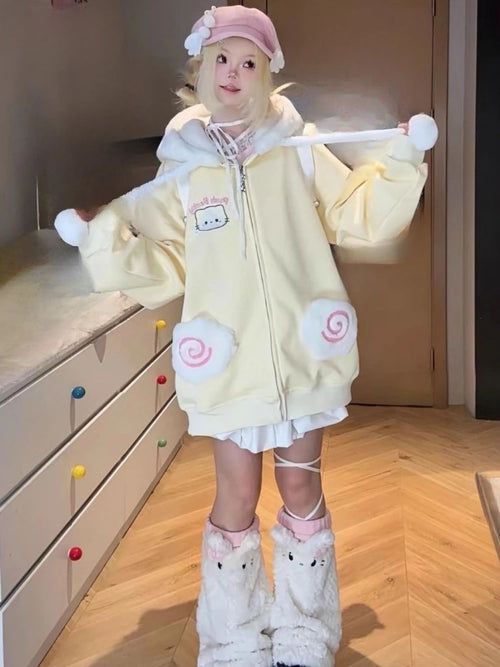 Kawaii Cartoon Embroidered Zip-Up Hoodie with Pockets