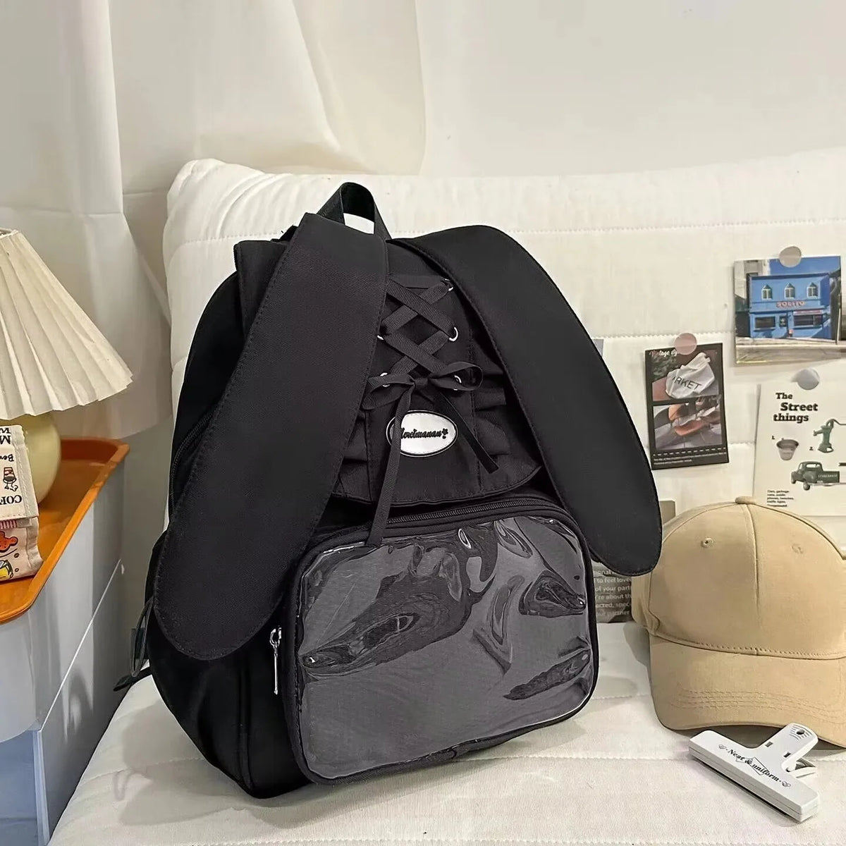 Kawaii Rabbit-Ear Ita Backpack with Transparent Front Pocket