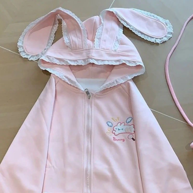 Kawaii Pink Bunny-Ear Hooded Zip-Up Hoodie
