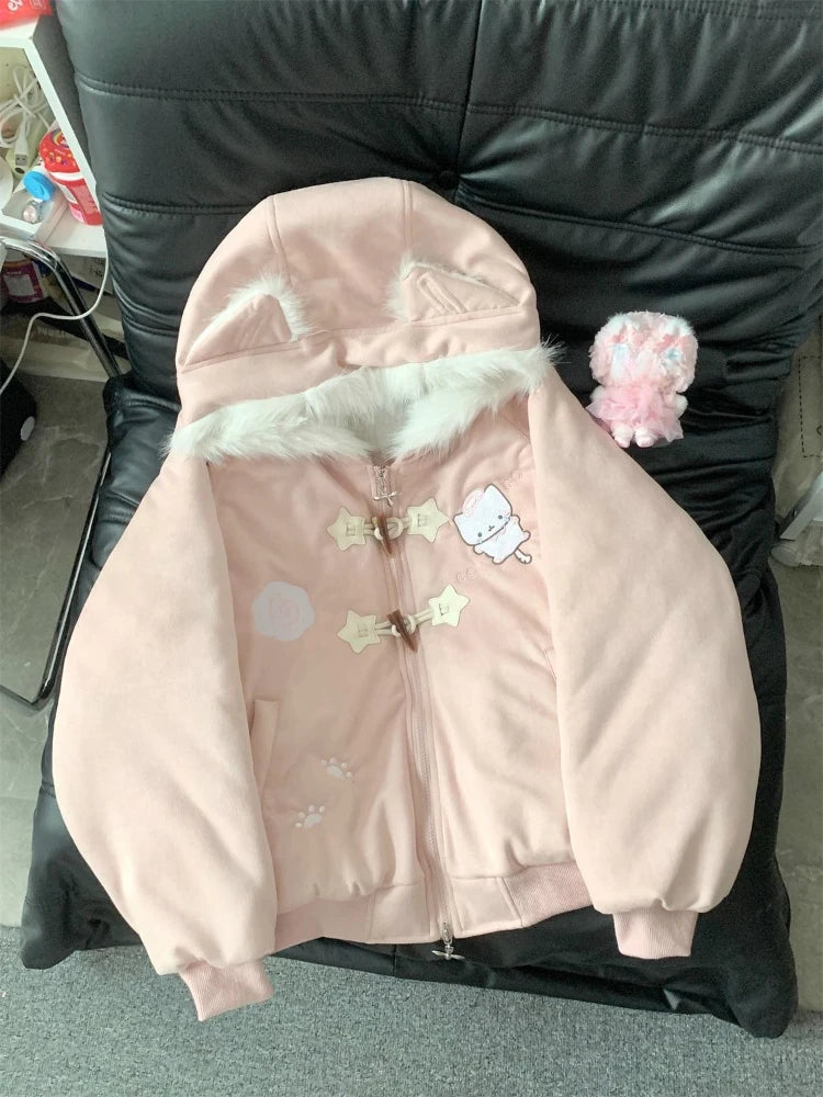 Kawaii Kitty Embroidered Hooded Winter Coat