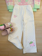 Kawaii Strawberry Embroidered Wide-Leg Pants with Elastic Waist