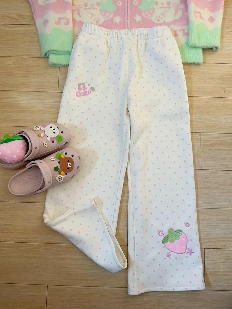Kawaii Strawberry Embroidered Wide-Leg Pants with Elastic Waist