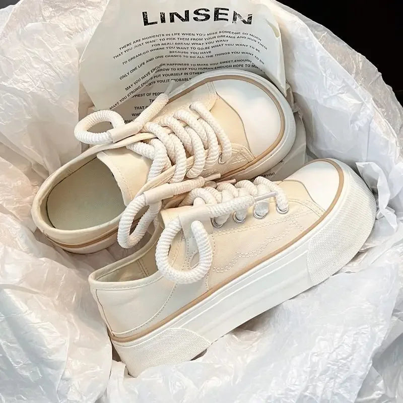 Women's Kawaii Canvas Platform Sneakers - Lace-Up, 4 cm Heel