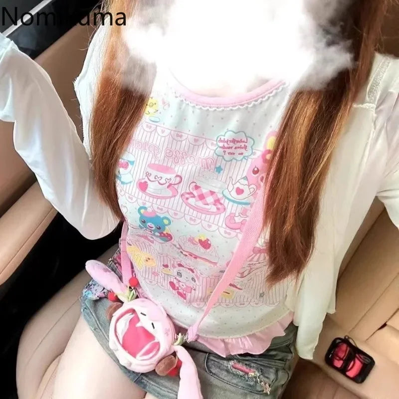 Kawaii Pink Cartoon Print T-Shirt with Ruffle Hem