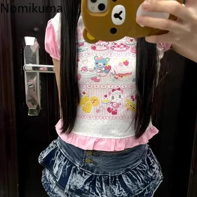 Kawaii Pink Cartoon Print T-Shirt with Ruffle Hem