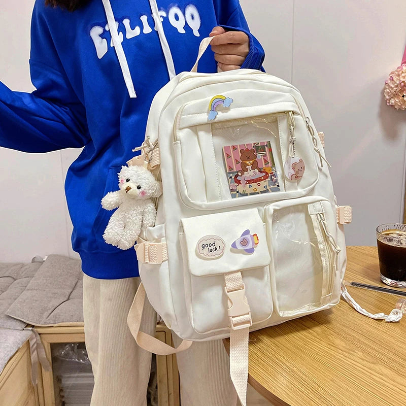 Kawaii Multi-Pocket Nylon Backpack with Laptop Compartment
