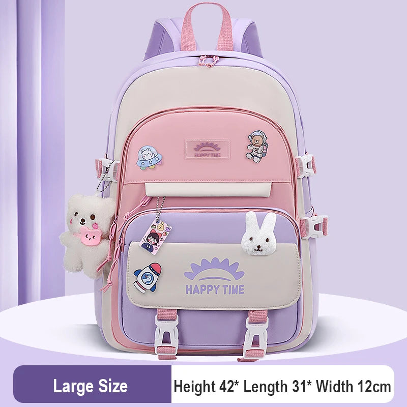 Kawaii Multi-Pocket Nylon Backpack with Bear & Bunny Charms